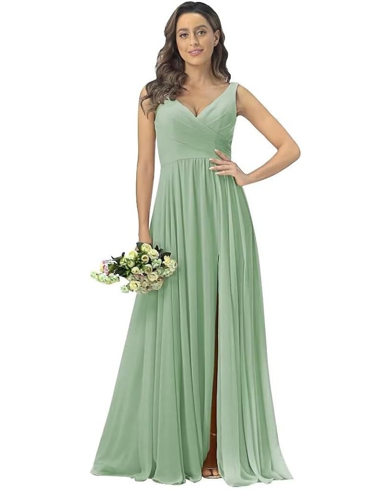 V Neck Chiffon Bridesmaid Dresses with Slit Prom Dress Long A Line Formal Evening Gown Sage Green $28.98 Dresses