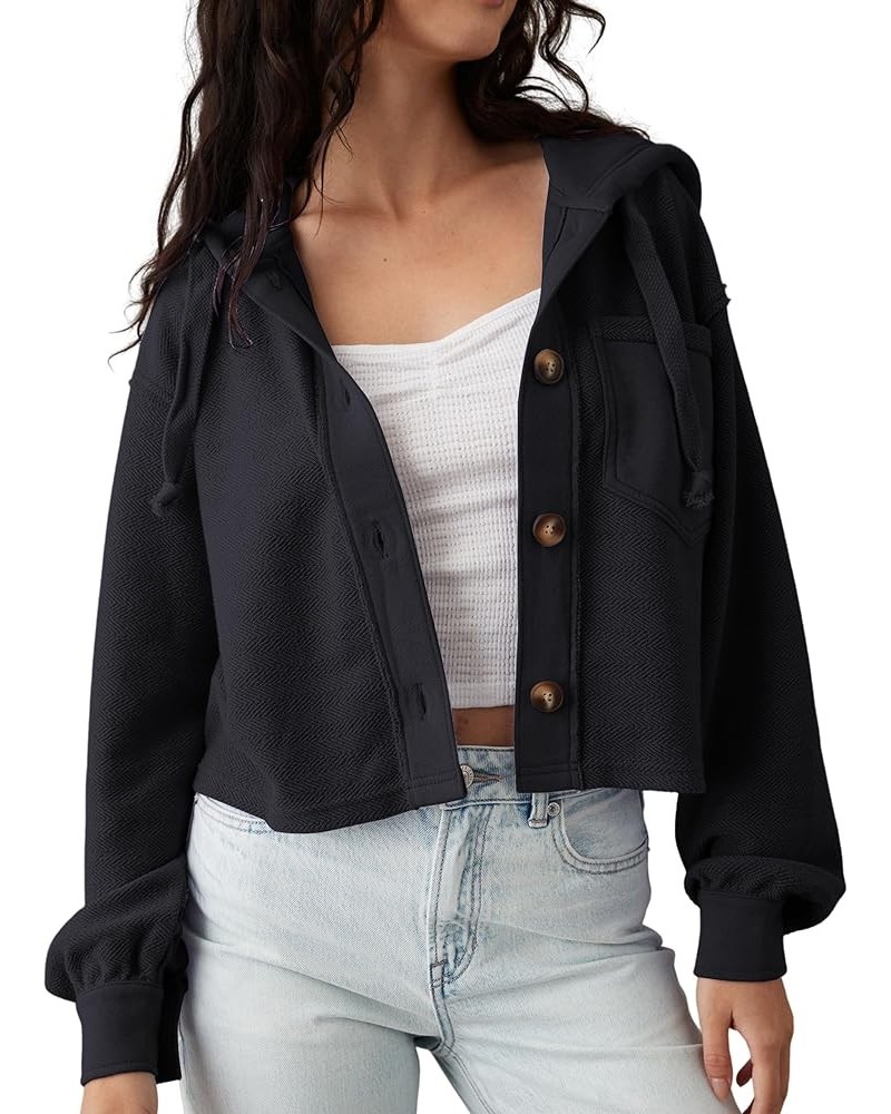 Women Button Down Cropped Hooded Shacket Jacket Casual Drop Shoulder Crop Hoodies Sweatshirt Fall Outerwear Black $18.14 Jackets