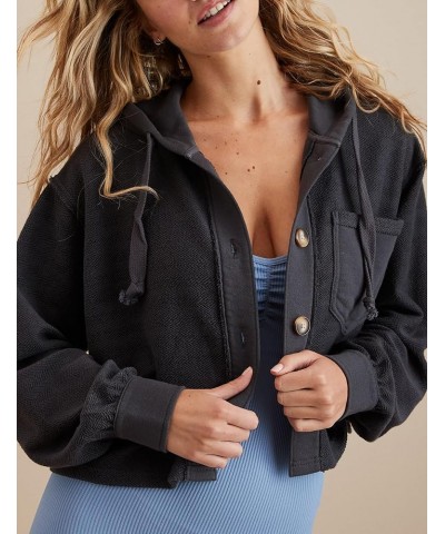 Women Button Down Cropped Hooded Shacket Jacket Casual Drop Shoulder Crop Hoodies Sweatshirt Fall Outerwear Black $18.14 Jackets