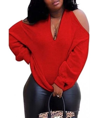 Women's Long Sleeve Skeleton Knit Pullover Multi Direction Sexy Backless Collarless Cold Shoulder Sweater Red $16.10 Sweaters