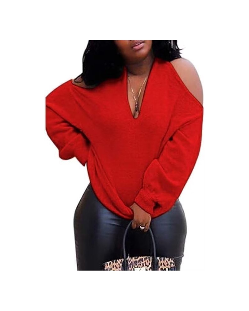 Women's Long Sleeve Skeleton Knit Pullover Multi Direction Sexy Backless Collarless Cold Shoulder Sweater Red $16.10 Sweaters