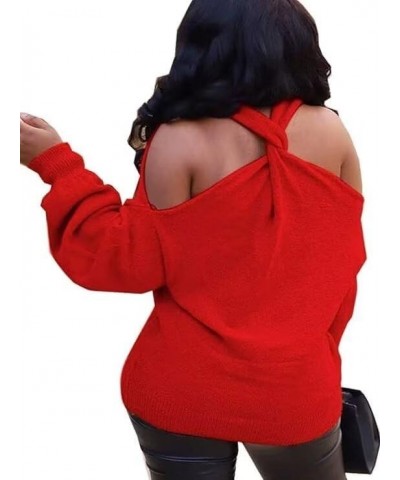 Women's Long Sleeve Skeleton Knit Pullover Multi Direction Sexy Backless Collarless Cold Shoulder Sweater Red $16.10 Sweaters