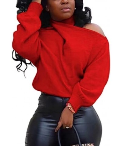 Women's Long Sleeve Skeleton Knit Pullover Multi Direction Sexy Backless Collarless Cold Shoulder Sweater Red $16.10 Sweaters