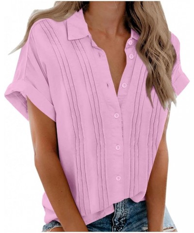 Womens Button Down Shirt 2023 Short Sleeve Blouse Collared V Neck Summer Tops Trendy Casual Ladies Work Clothing J025-pink $7...