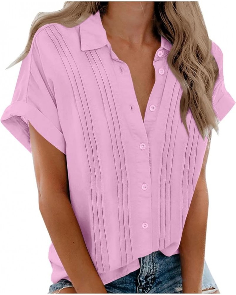 Womens Button Down Shirt 2023 Short Sleeve Blouse Collared V Neck Summer Tops Trendy Casual Ladies Work Clothing J025-pink $7...