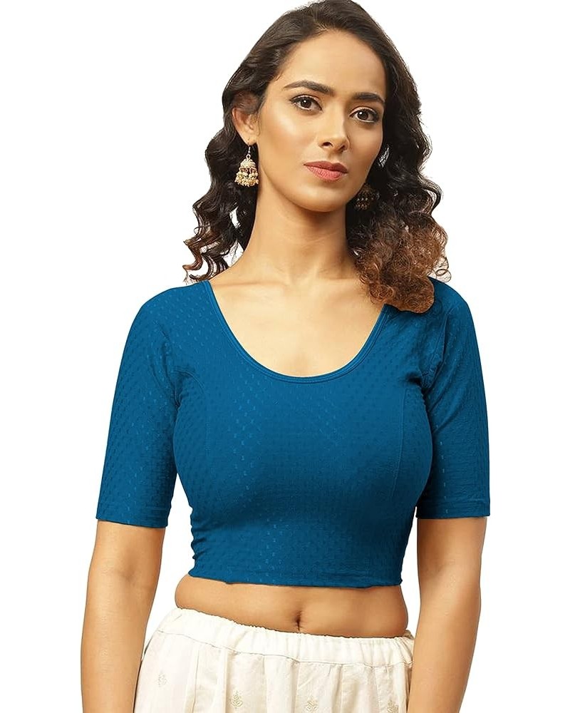 Women's Cotton Readymade Saree Blouse Stretchable Crop Top Choli Bustier Top Cyan $10.42 Blouses