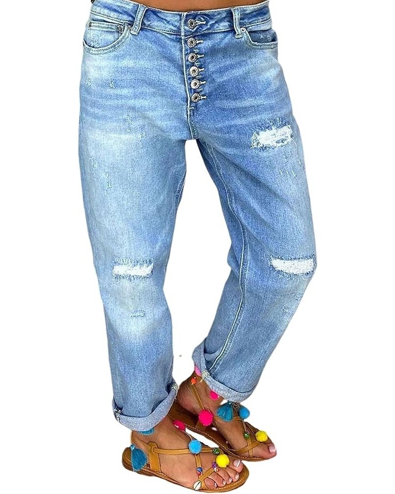 Women's Casual Baggy Straight Leg Jeans High Waisted Button Up Rolled Hem Denim Jeans Light Blue $19.79 Jeans