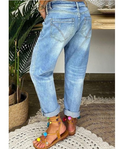 Women's Casual Baggy Straight Leg Jeans High Waisted Button Up Rolled Hem Denim Jeans Light Blue $19.79 Jeans