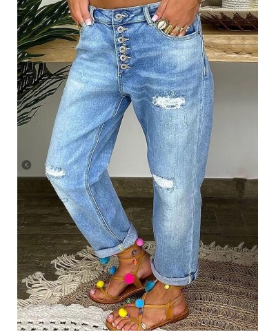 Women's Casual Baggy Straight Leg Jeans High Waisted Button Up Rolled Hem Denim Jeans Light Blue $19.79 Jeans