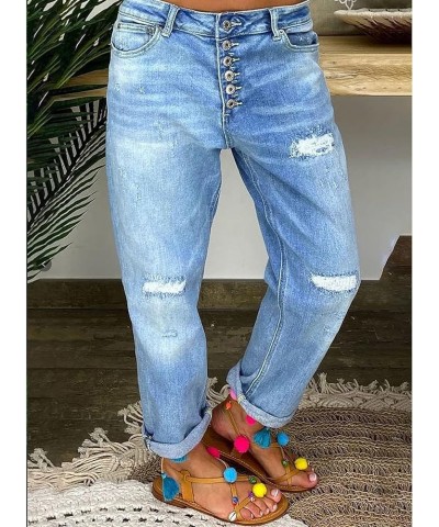 Women's Casual Baggy Straight Leg Jeans High Waisted Button Up Rolled Hem Denim Jeans Light Blue $19.79 Jeans