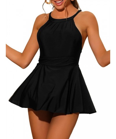 Women One Piece High Neck Swimdress, Ruched Tummy Control Criss Cross Back Modest Skirt Swimsuit Swimwear Black $13.00 Swimsuits