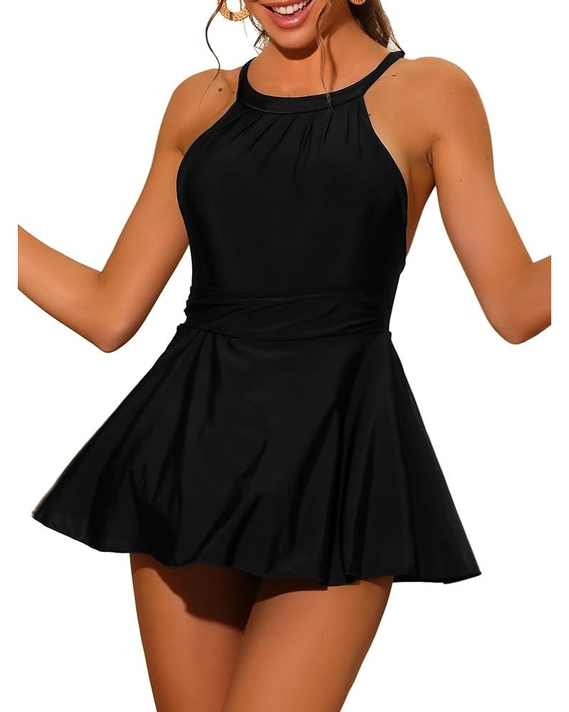 Women One Piece High Neck Swimdress, Ruched Tummy Control Criss Cross Back Modest Skirt Swimsuit Swimwear Black $13.00 Swimsuits