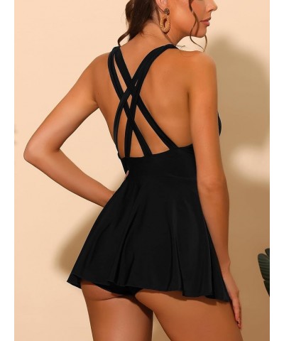 Women One Piece High Neck Swimdress, Ruched Tummy Control Criss Cross Back Modest Skirt Swimsuit Swimwear Black $13.00 Swimsuits