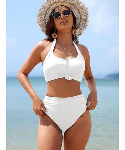 Women Two Piece Halter Bikini High Waisted Knotted Swimsuit with Button Tummy Control Swimwear 0-white $17.84 Swimsuits