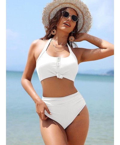 Women Two Piece Halter Bikini High Waisted Knotted Swimsuit with Button Tummy Control Swimwear 0-white $17.84 Swimsuits