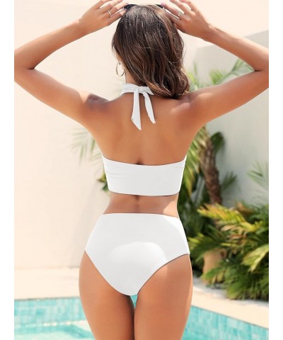 Women Two Piece Halter Bikini High Waisted Knotted Swimsuit with Button Tummy Control Swimwear 0-white $17.84 Swimsuits