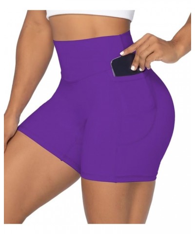 No Front Seam Biker Shorts for Women with Pockets, Yoga Workout Gym Bike Shorts with Tummy Control 5" Inseam Electric Purple ...