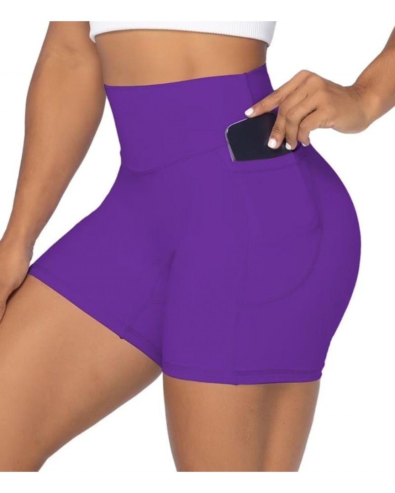 No Front Seam Biker Shorts for Women with Pockets, Yoga Workout Gym Bike Shorts with Tummy Control 5" Inseam Electric Purple ...