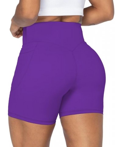 No Front Seam Biker Shorts for Women with Pockets, Yoga Workout Gym Bike Shorts with Tummy Control 5" Inseam Electric Purple ...