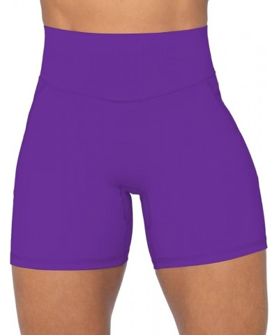 No Front Seam Biker Shorts for Women with Pockets, Yoga Workout Gym Bike Shorts with Tummy Control 5" Inseam Electric Purple ...