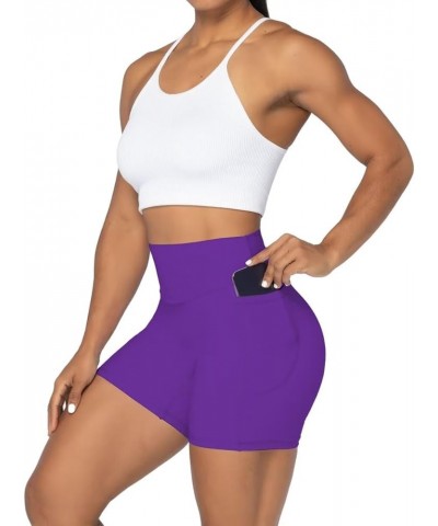 No Front Seam Biker Shorts for Women with Pockets, Yoga Workout Gym Bike Shorts with Tummy Control 5" Inseam Electric Purple ...