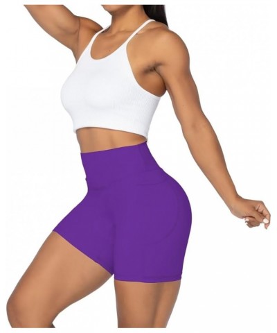 No Front Seam Biker Shorts for Women with Pockets, Yoga Workout Gym Bike Shorts with Tummy Control 5" Inseam Electric Purple ...