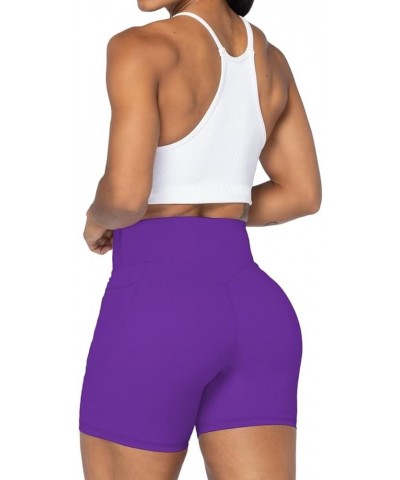 No Front Seam Biker Shorts for Women with Pockets, Yoga Workout Gym Bike Shorts with Tummy Control 5" Inseam Electric Purple ...