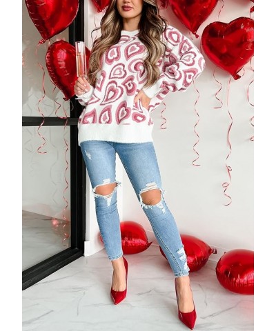 Women Cute Oversized Sweater Y2k Heart Print Long Sleeve Knit Pullover Jumper Crewneck Loose Sweaters Top D Knitted White $14...