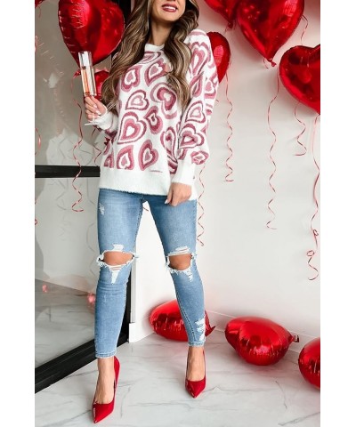 Women Cute Oversized Sweater Y2k Heart Print Long Sleeve Knit Pullover Jumper Crewneck Loose Sweaters Top D Knitted White $14...