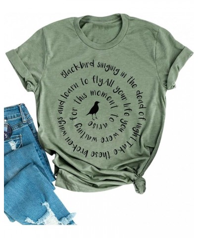 Women Blackbird Singing Letter Graphic Printed T-Shirt Short Sleeve Tops 1-olive $11.70 T-Shirts