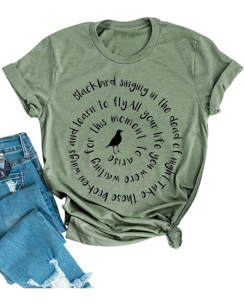 Women Blackbird Singing Letter Graphic Printed T-Shirt Short Sleeve Tops 1-olive $11.70 T-Shirts