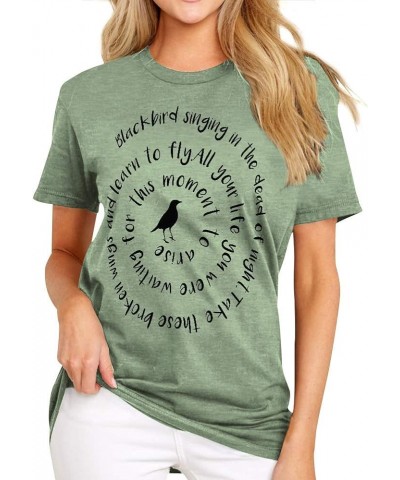 Women Blackbird Singing Letter Graphic Printed T-Shirt Short Sleeve Tops 1-olive $11.70 T-Shirts