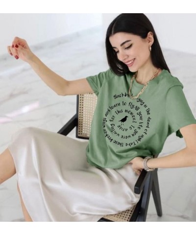 Women Blackbird Singing Letter Graphic Printed T-Shirt Short Sleeve Tops 1-olive $11.70 T-Shirts