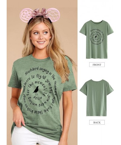 Women Blackbird Singing Letter Graphic Printed T-Shirt Short Sleeve Tops 1-olive $11.70 T-Shirts