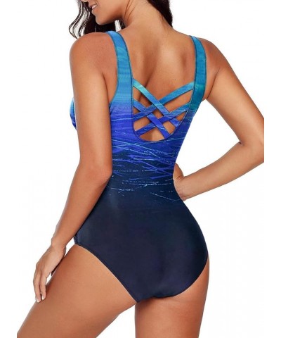 Womens Color Block Print One Piece Swimsuits Athletic Training Swimwear Bathing Suits(Available in Plus) Regular Blue Ew $17....