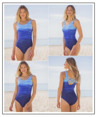 Womens Color Block Print One Piece Swimsuits Athletic Training Swimwear Bathing Suits(Available in Plus) Regular Blue Ew $17....