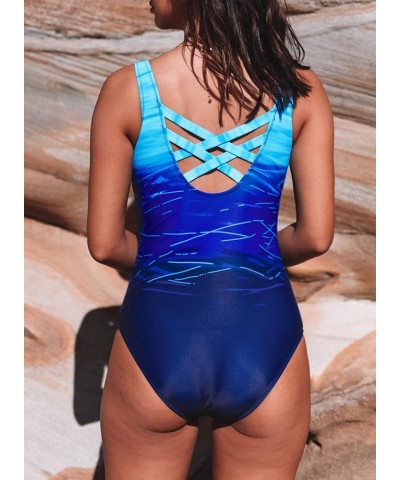 Womens Color Block Print One Piece Swimsuits Athletic Training Swimwear Bathing Suits(Available in Plus) Regular Blue Ew $17....