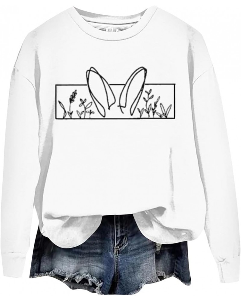 Easter Shirts for Women 2024 Trendy Easter Eggs Bunny Print Round Neck Blouse T-Shirts Casual Long Sleeve Pullover Tops 02whi...