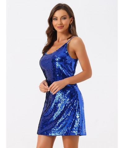 Women's Glitter Sequin Dress V Neck Spaghetti Strap Christmas Mini Party Dress Clubwear Royal Blue $18.90 Dresses