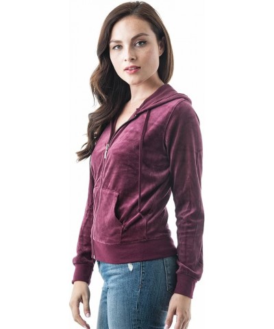 Velvet Velour Long Sleeve Drawstring Hoodie Front Pockets Sweater Jacket Burgundy $18.02 Hoodies & Sweatshirts