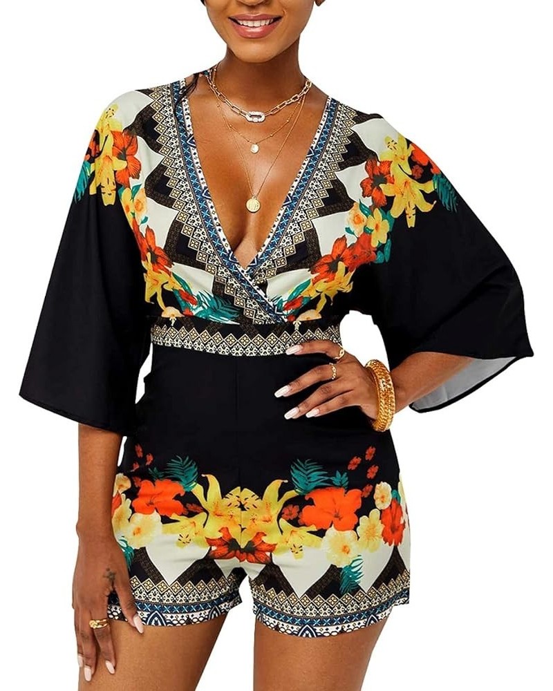 Women's Sexy Short Rompers V Neck Backless Jumpsuit Floral Print Loose Half Sleeve Bodysuit One Piece Outfit Black10607 $13.8...