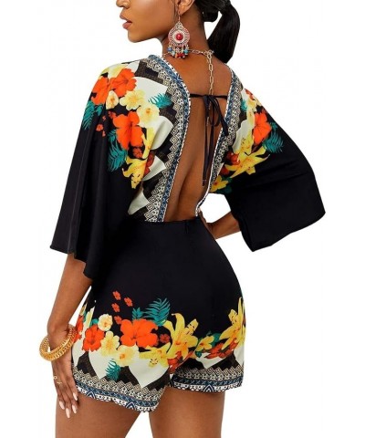 Women's Sexy Short Rompers V Neck Backless Jumpsuit Floral Print Loose Half Sleeve Bodysuit One Piece Outfit Black10607 $13.8...