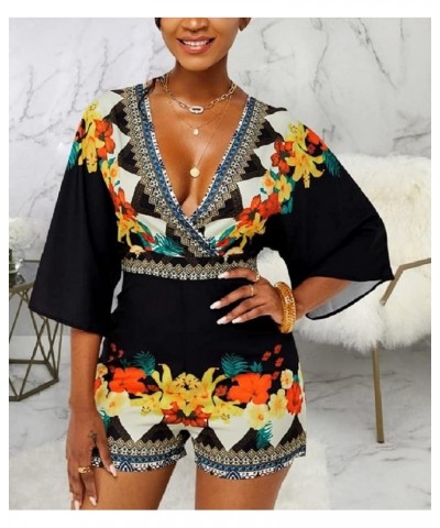 Women's Sexy Short Rompers V Neck Backless Jumpsuit Floral Print Loose Half Sleeve Bodysuit One Piece Outfit Black10607 $13.8...