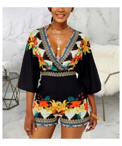 Women's Sexy Short Rompers V Neck Backless Jumpsuit Floral Print Loose Half Sleeve Bodysuit One Piece Outfit Black10607 $13.8...