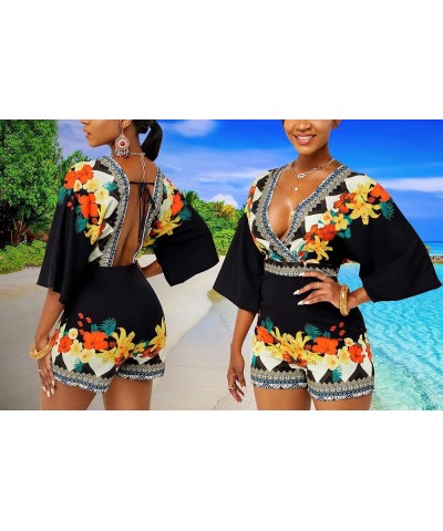 Women's Sexy Short Rompers V Neck Backless Jumpsuit Floral Print Loose Half Sleeve Bodysuit One Piece Outfit Black10607 $13.8...