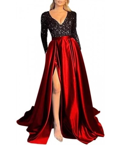 Women's Sequin Prom Dresses V Neck Long Sleeve Satin Floor Length Gown Formal Evening Dresses with Slit Black-red $36.00 Dresses