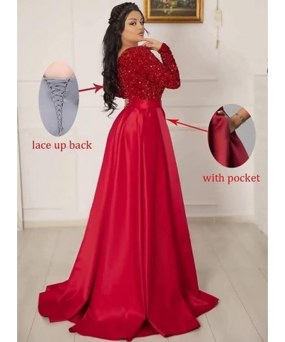 Women's Sequin Prom Dresses V Neck Long Sleeve Satin Floor Length Gown Formal Evening Dresses with Slit Black-red $36.00 Dresses