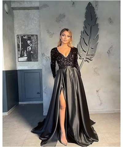 Women's Sequin Prom Dresses V Neck Long Sleeve Satin Floor Length Gown Formal Evening Dresses with Slit Black-red $36.00 Dresses