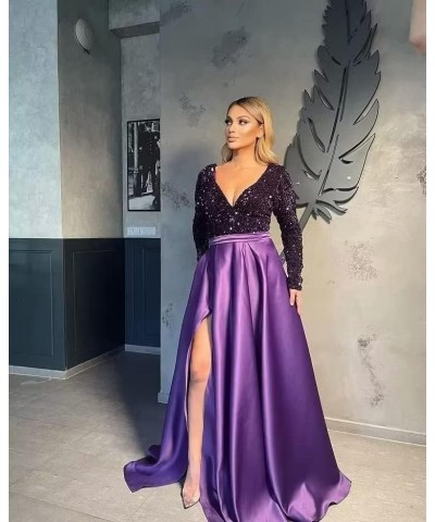 Women's Sequin Prom Dresses V Neck Long Sleeve Satin Floor Length Gown Formal Evening Dresses with Slit Black-red $36.00 Dresses