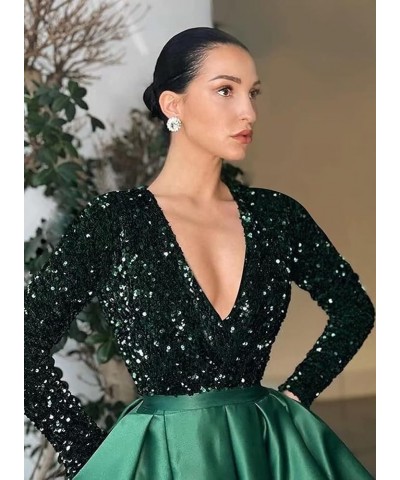 Women's Sequin Prom Dresses V Neck Long Sleeve Satin Floor Length Gown Formal Evening Dresses with Slit Black-red $36.00 Dresses